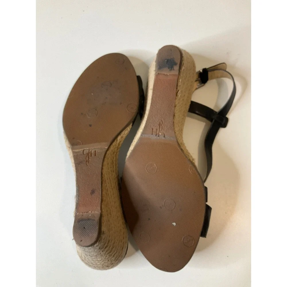 Cole Haan Grand 360 Espadrille Wedge Black Leather Sandals Strappy Summer Casual